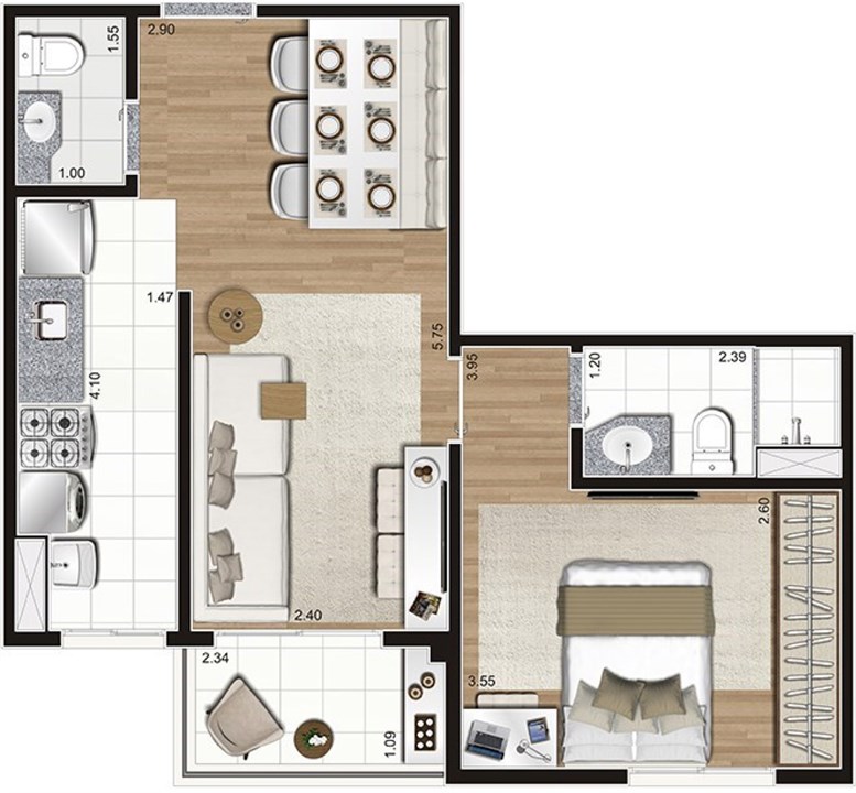 Planta 45 m² | Praças da Cidade – Brás - São Paulo - São Paulo Planta 45 m² | Praças da Cidade – Apartamento no Brás - São Paulo - São Paulo